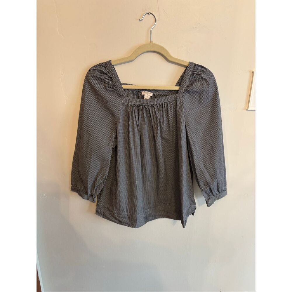 J.Crew Gingham Puff Sleeve Blouse XS Black White Square Neck Style G7060